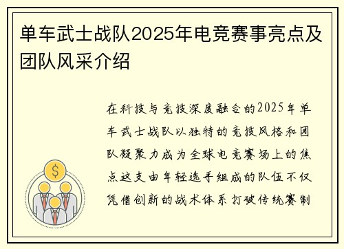 单车武士战队2025年电竞赛事亮点及团队风采介绍